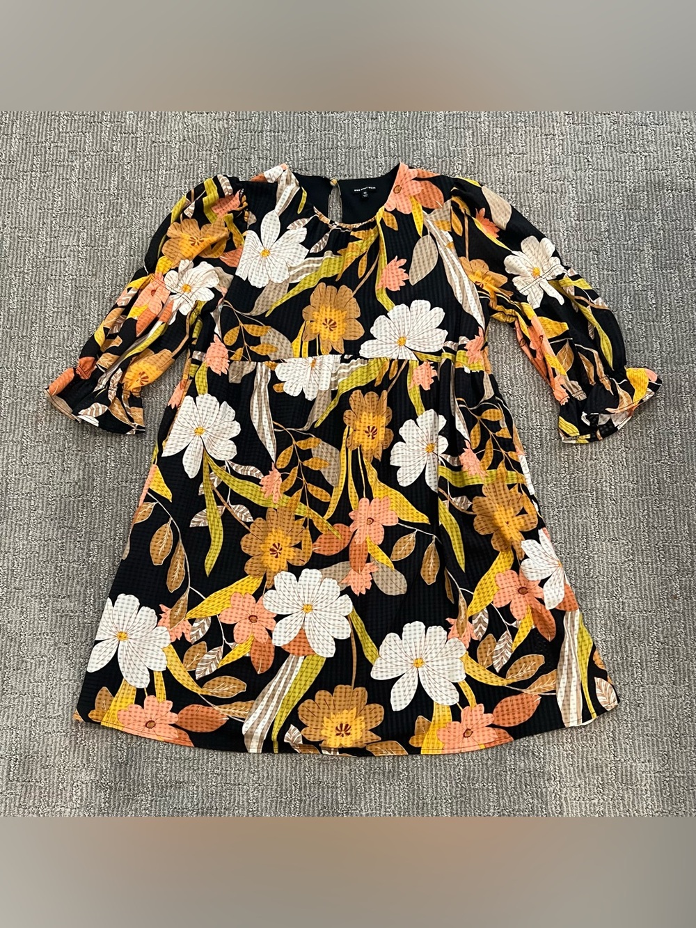 Who What Wear Black Floral Midi Dress with White, Yellow & Peach Blooms